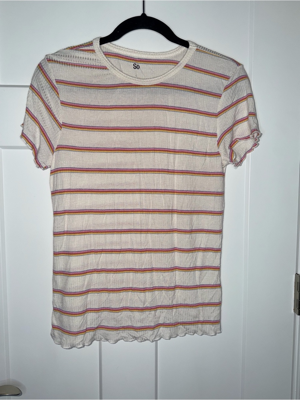 Multi Color Stripe Lettuce Hem Short Sleeve